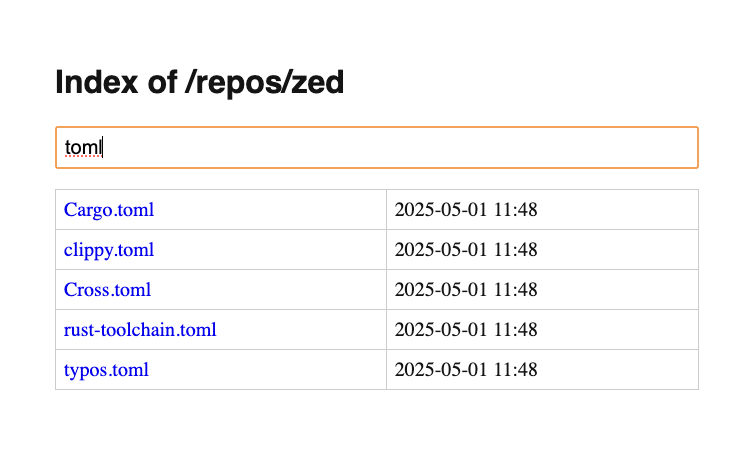 An Apache directory listing with custom styles and a search box.