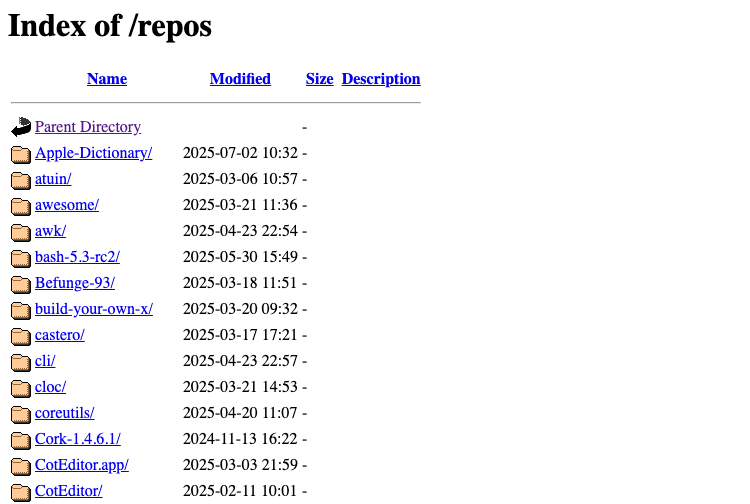 A default Apache directory listing showing several hyperlinked folders with modification dates. 