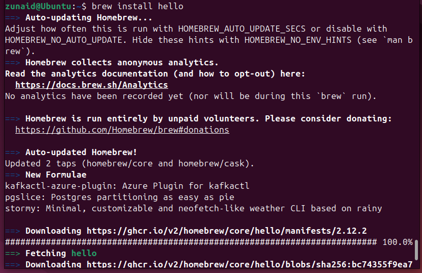 Installing a package on Linux using Homebrew.