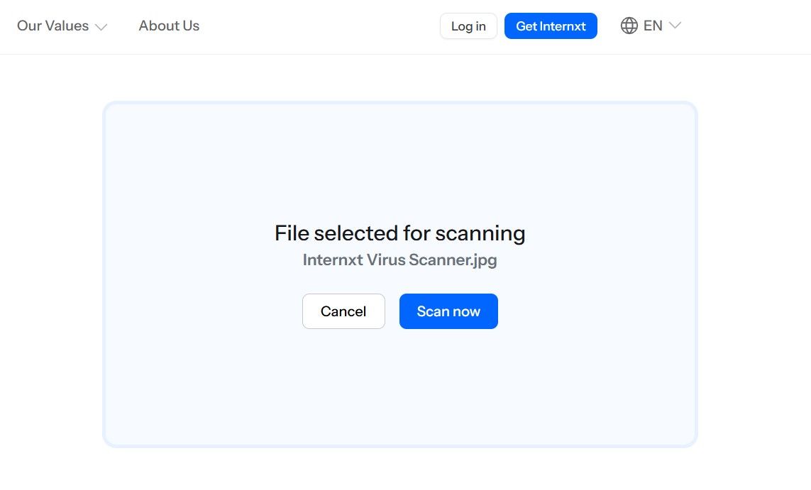 Image showing Internxt Virus Scanner file upload process