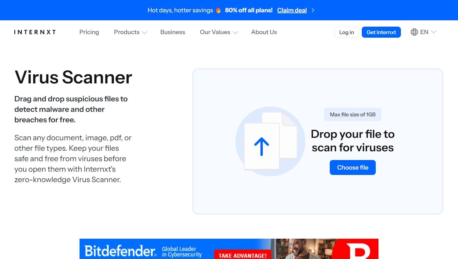 Image showing Internxt Virus Scanner homepage