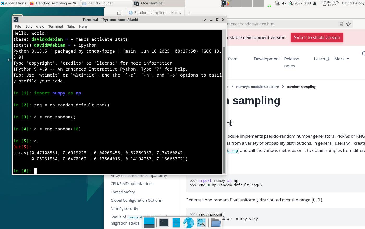 IPython session in a terminal with the NumPy random number documentation in a browser window on a Linux desktop.