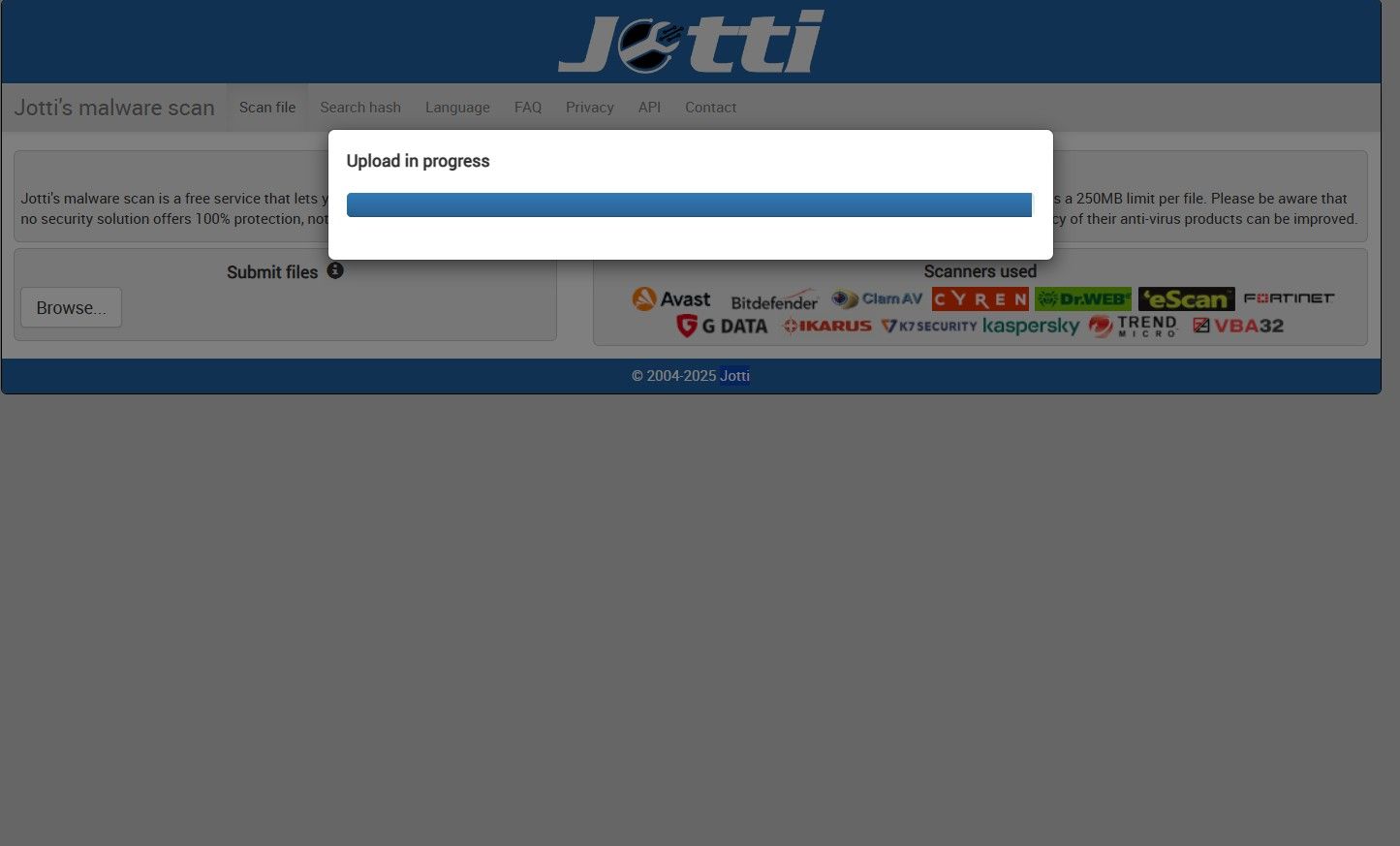 Image showing Jottis Malware Scan file upload process