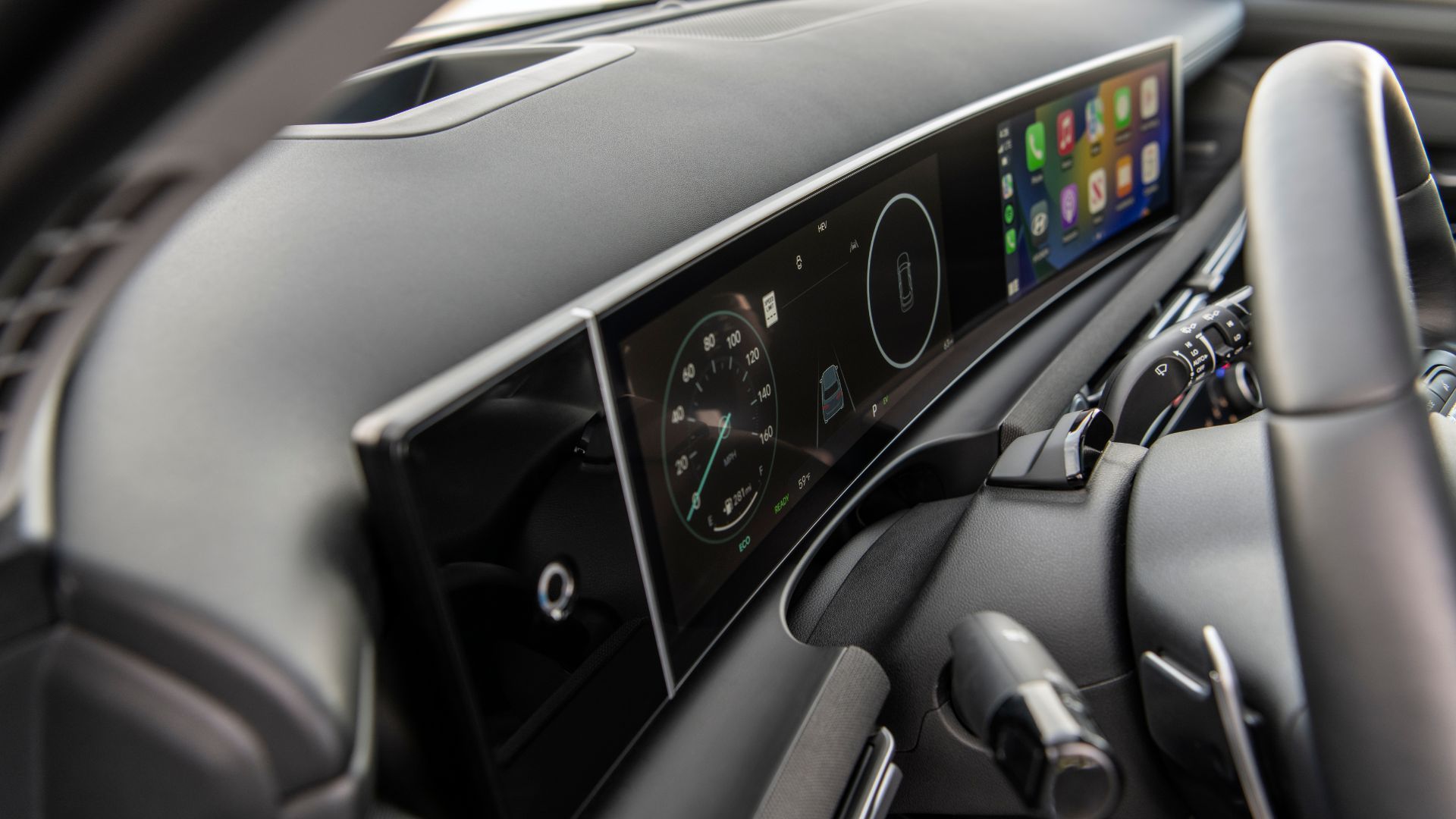 Close-up shot of Infotainment Screen at 2025 Hyundai Tuxon Phev.