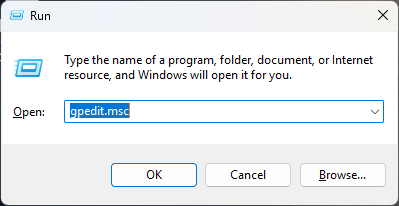 Launcing the Windows Local Group Policy Editor from the Run dialog.
