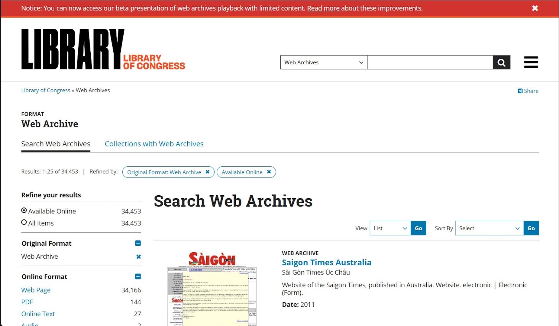 Image of Library of Congress Web Archives page