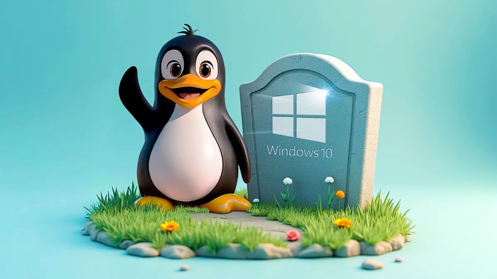 Linux mascot waving next to a tombstone with the Windows 10 logo.