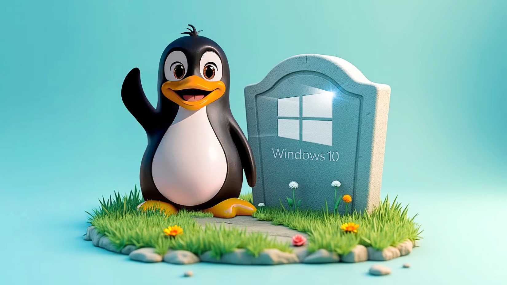 The Linux mascot waving next to a tombstone with the Windows 10 logo.