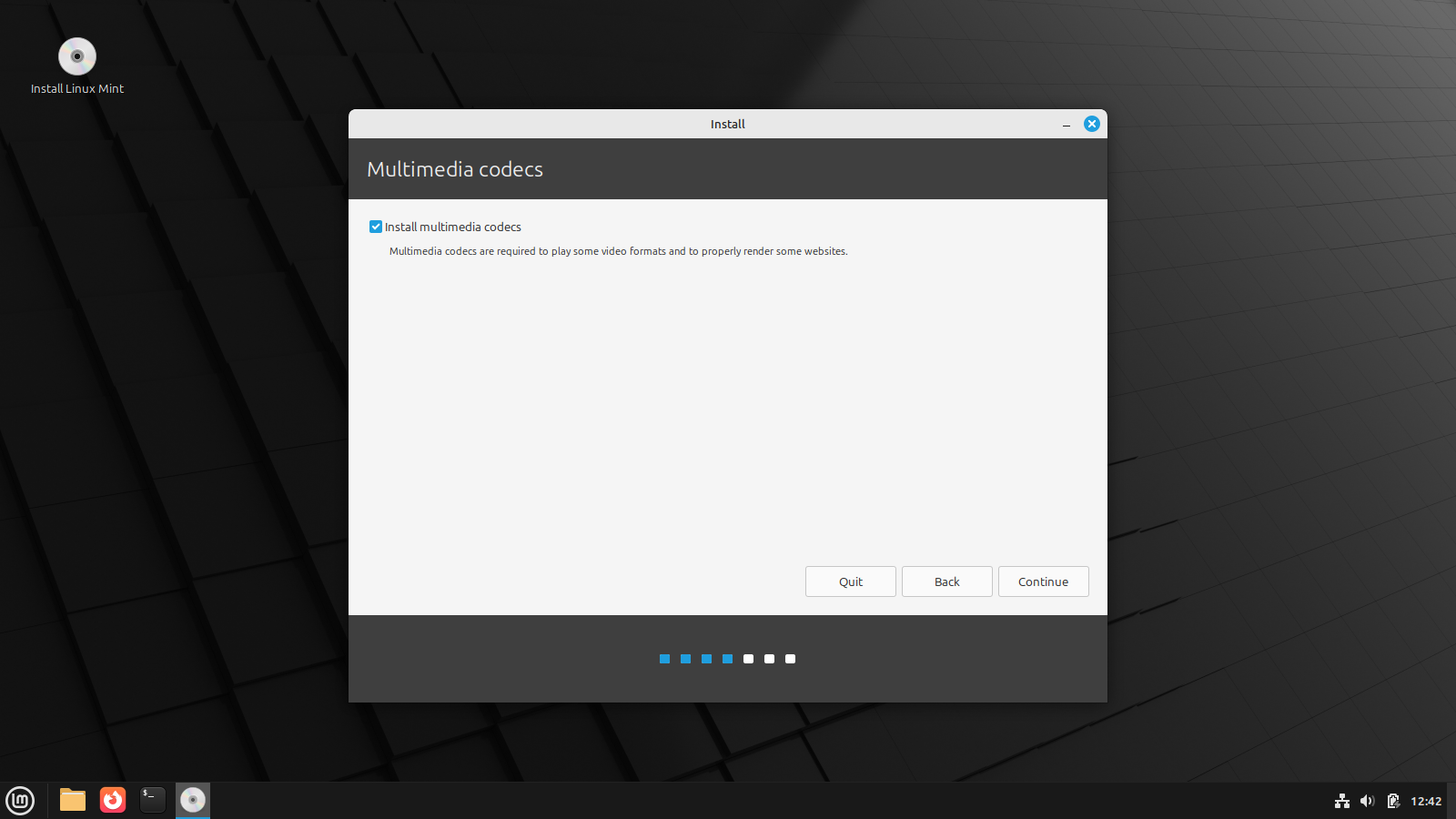 Linux Mint installer asking to install optional codecs.