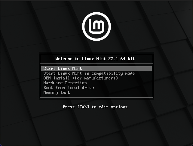 Linux Mint live grub boot screen.