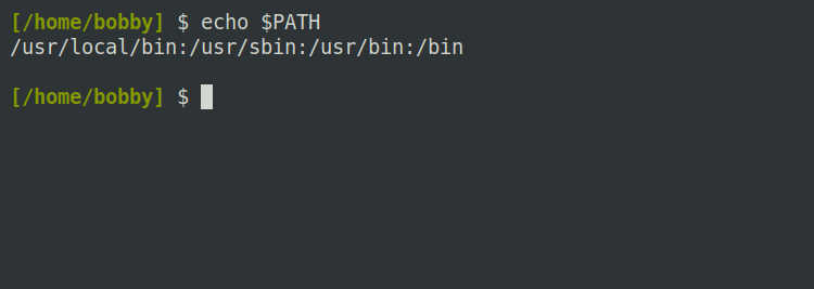 Пример вывода переменной PATH в терминале: "/usr/local/bin:/usr/sbin:/usr/bin:/bin".