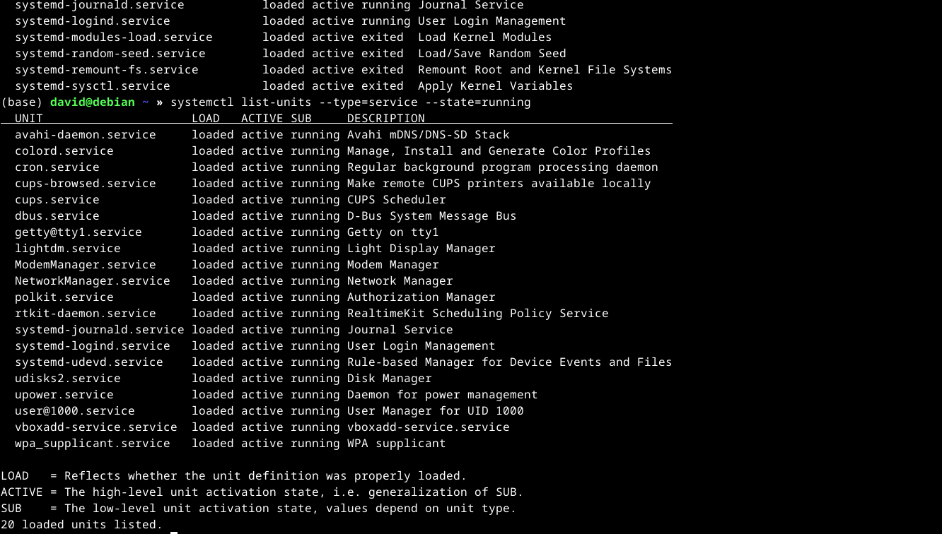 Listing running services in Linux using systemctl.