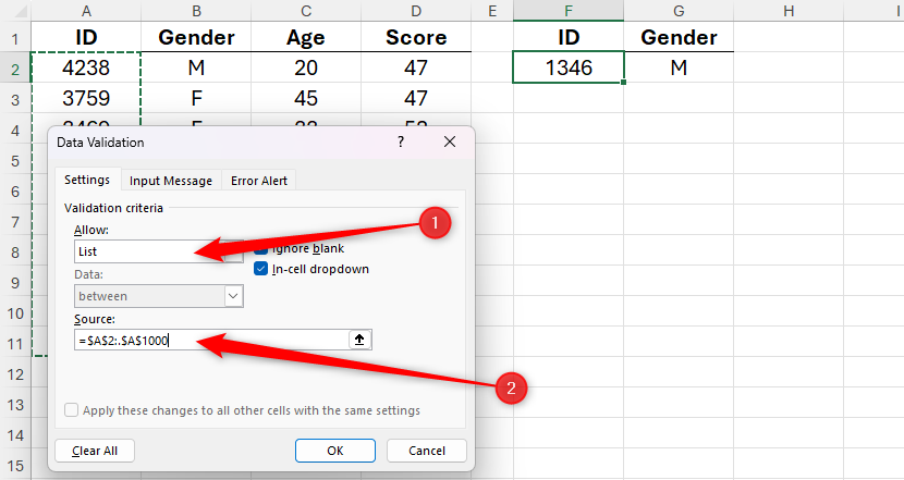List is selected in Excel's Data Validation dialog box, and cells A2 to A1000 are selected as the source.
