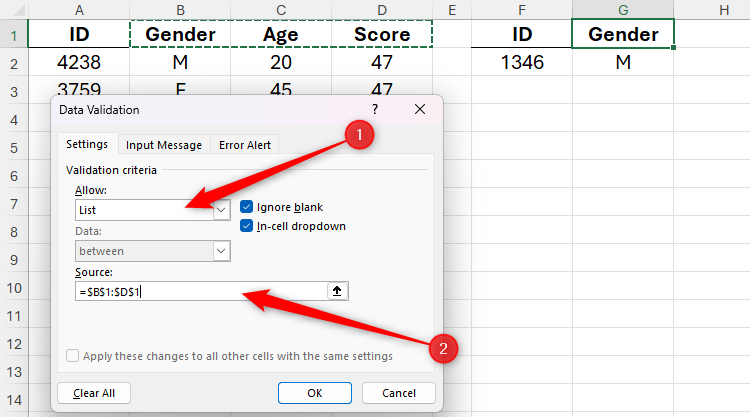 List is selected in Excel's Data Validation dialog box, and cells B1 to D1 are selected as the source.