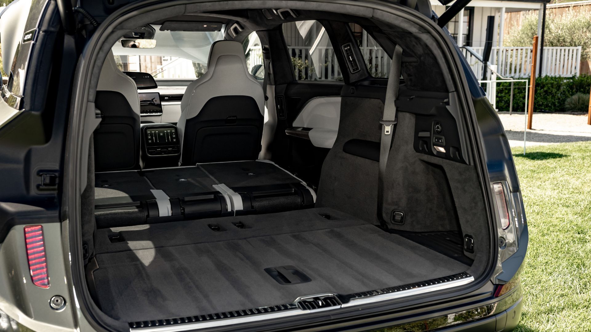 Shot inside the trunk of a Lucid Gravity with the rear seats folded down.