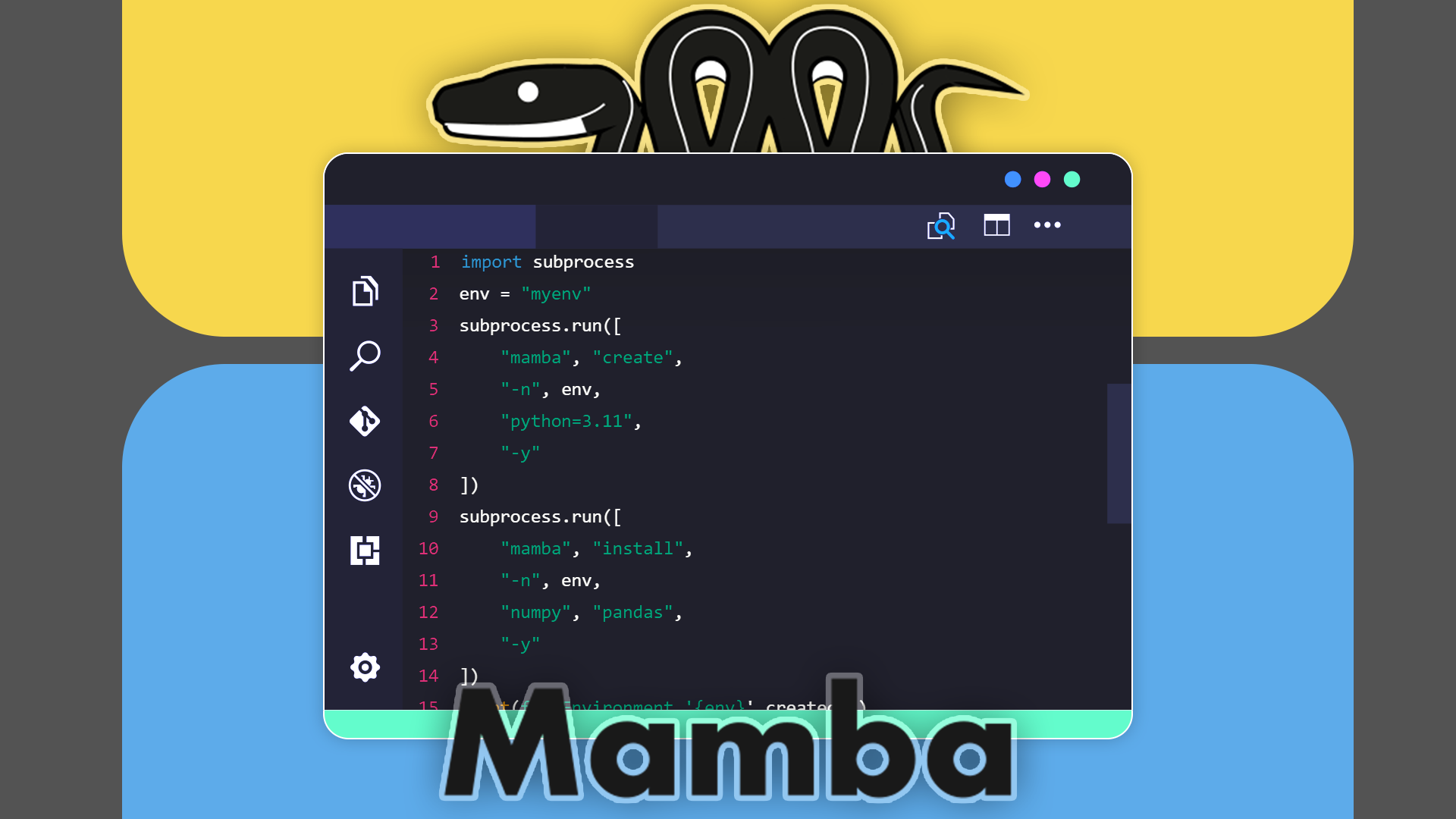Illustration of a code editor showing a Python script using the Mamba package manager, with the Mamba snake logo prominently displayed behind.
