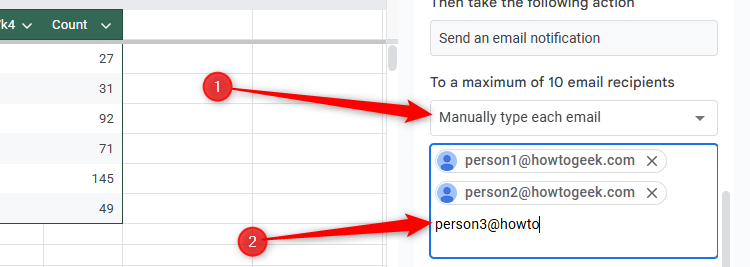 Manually Type Each Email is selected in Google Sheets' conditional notifications pane, and various email addresses are typed into the text field.