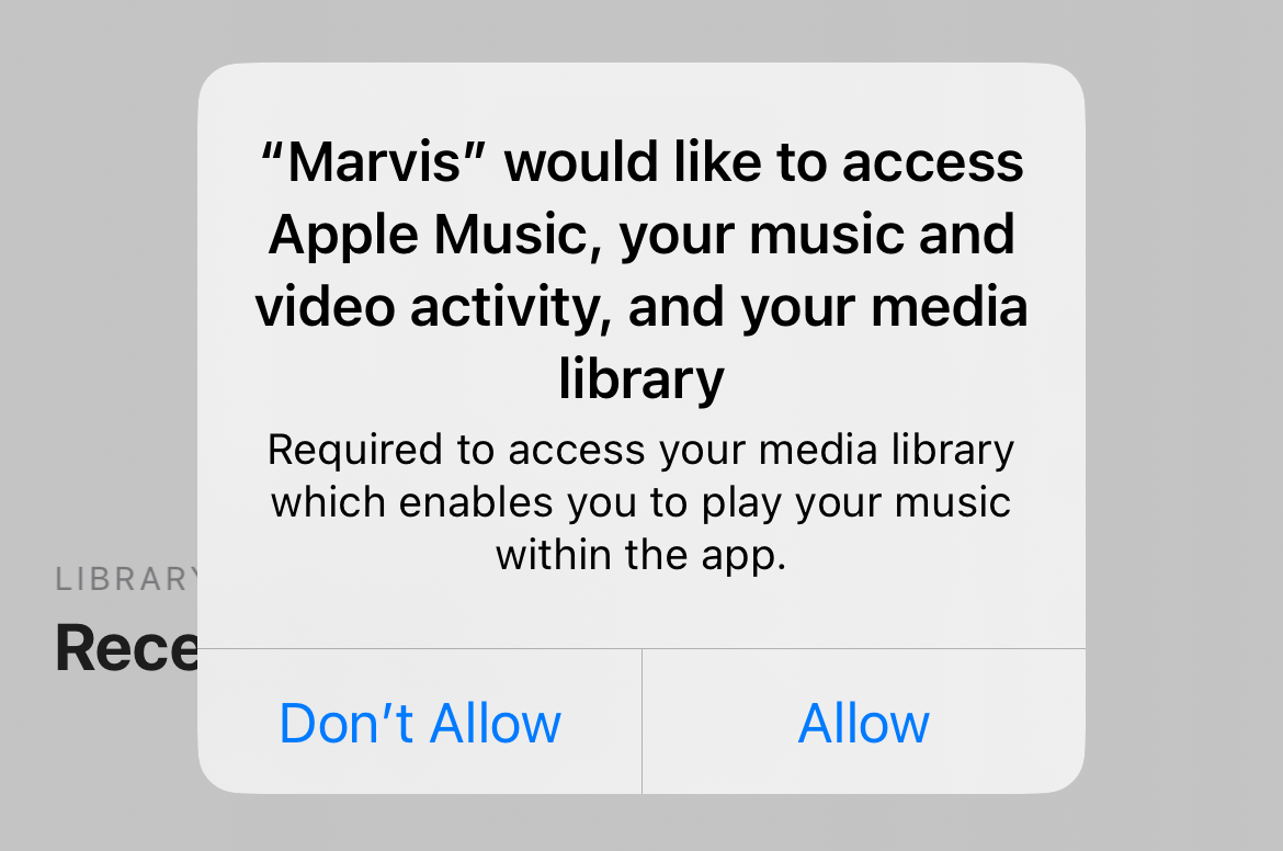 Marvis Pro for iPhone permission prompt.