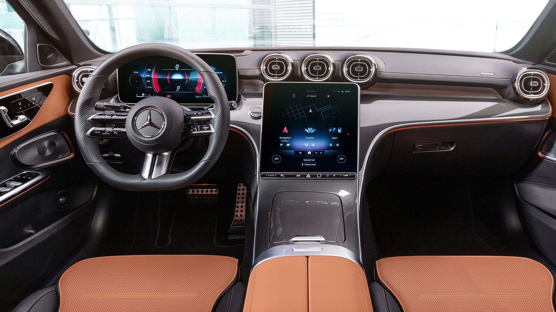 Interior shot of the dashboard in a 2022 Mercedes-Benz C-Class