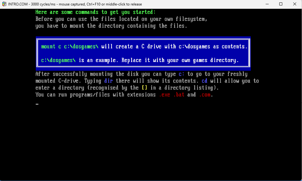 Creating a DOS Games folder on the C: drive.