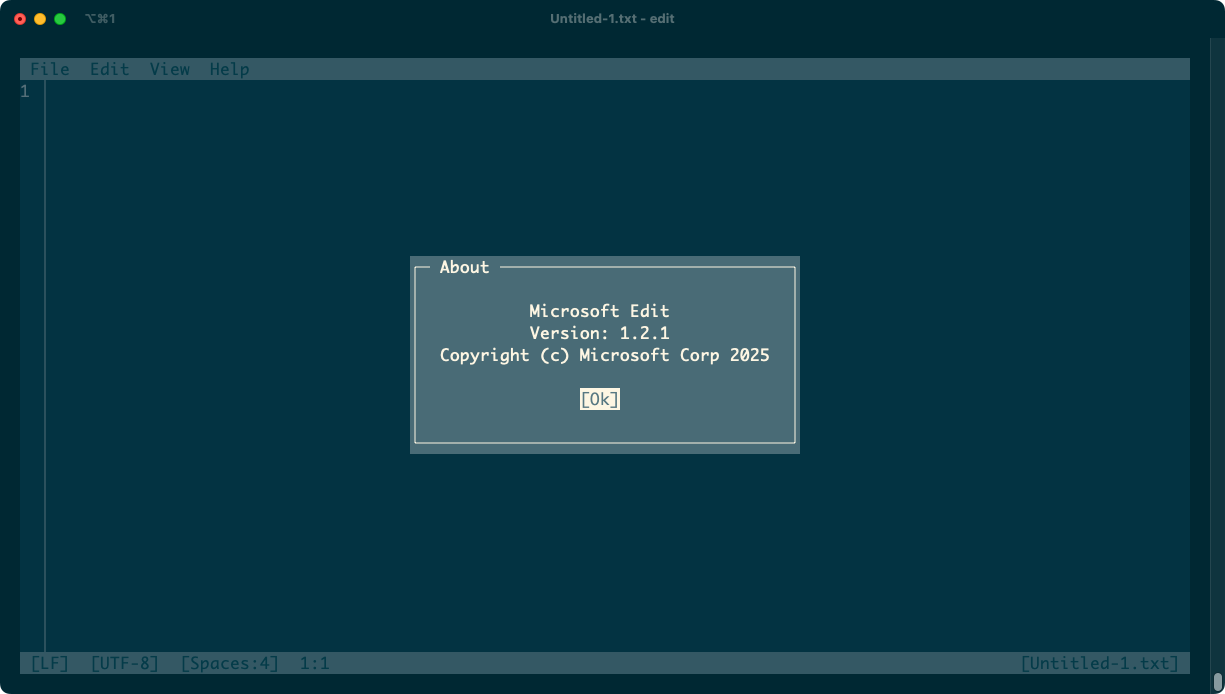 The Microsoft Edit program showing an About dialog displaying version 1.2.1