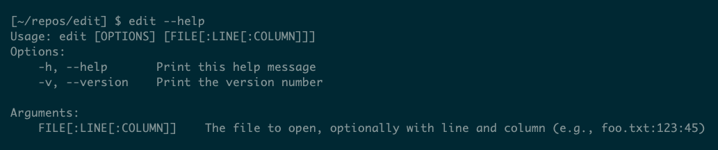 The command-line help for Microsoft’s Edit program shows minimal options but a useful file:line:comment argument.