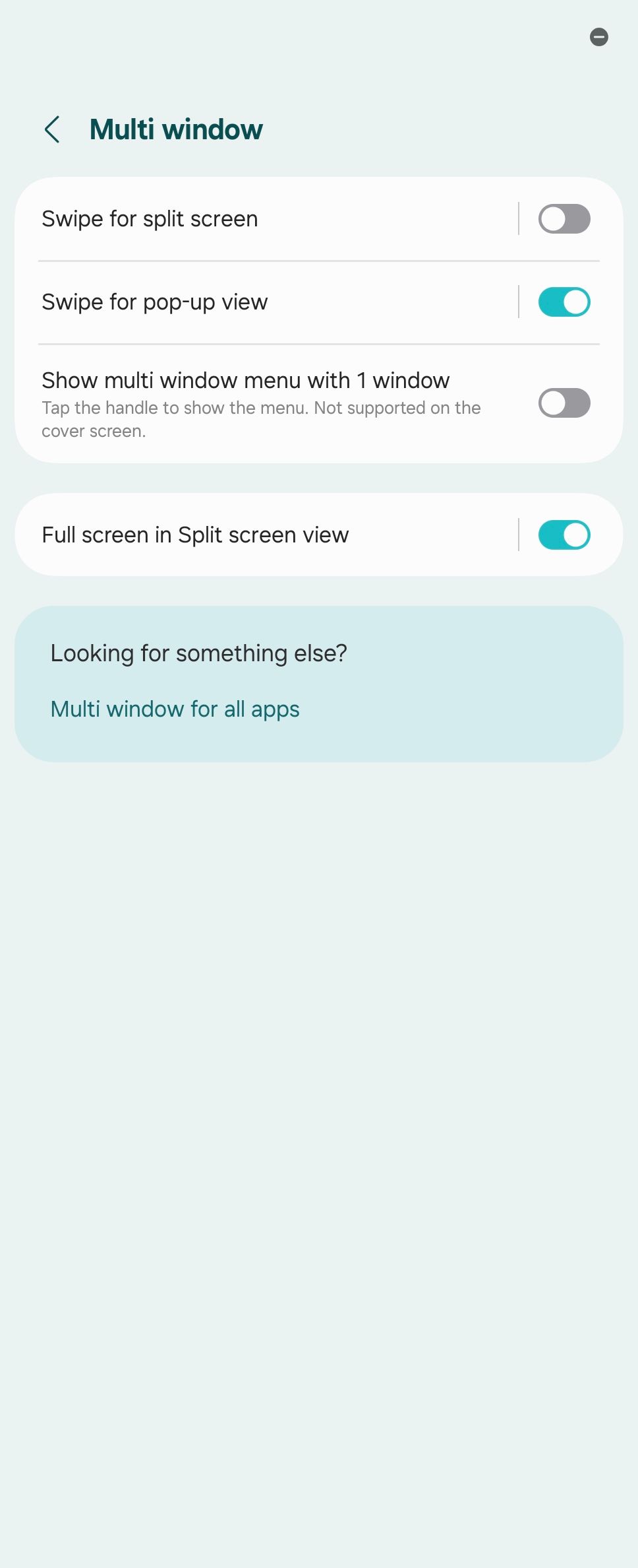 Multi window options in settings on a Galaxy Z Fold 6.