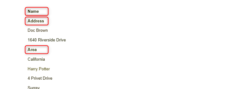 Name, Address, and Area are highlighted in a list of text items in Google Docs.