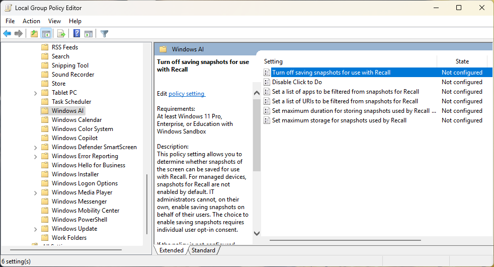 Navigating to the Windows AI Settings in the Local Group Policy Editor.