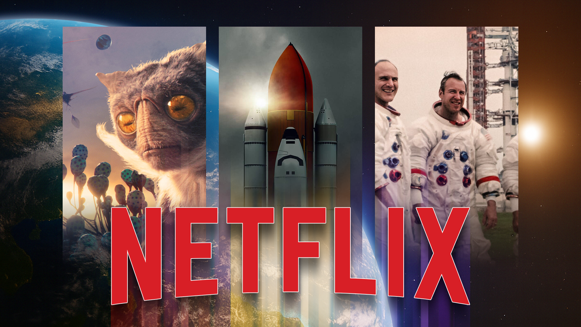 netflix logo with three space documentaries above it