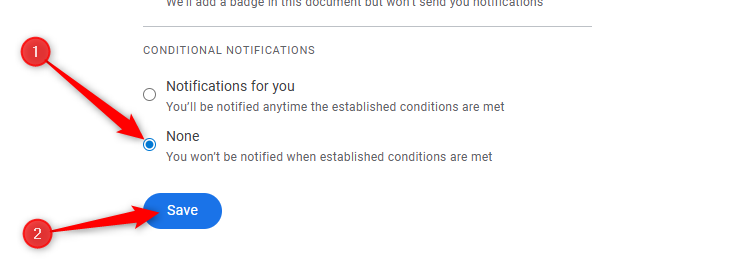 None is selected in the conditional notifications section of the Gmail notification settings page.