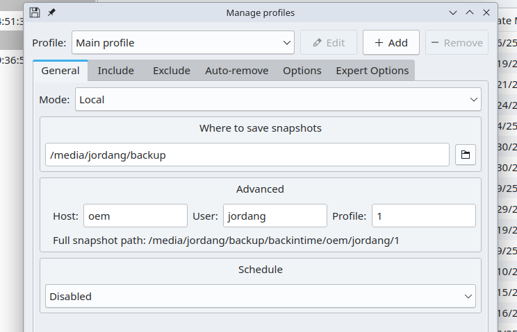 Options in the profile configuration screen of Back in Time.