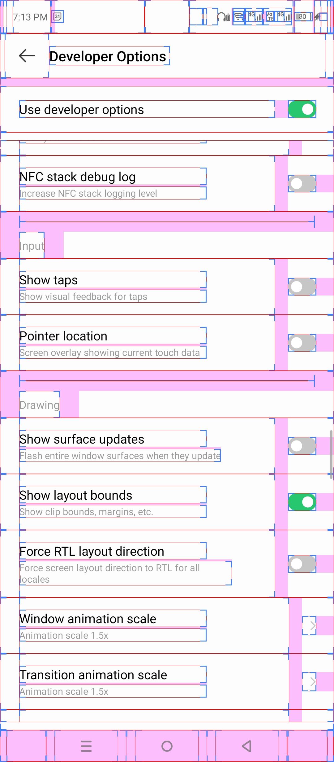 Shows layout bounds using Android developer options.