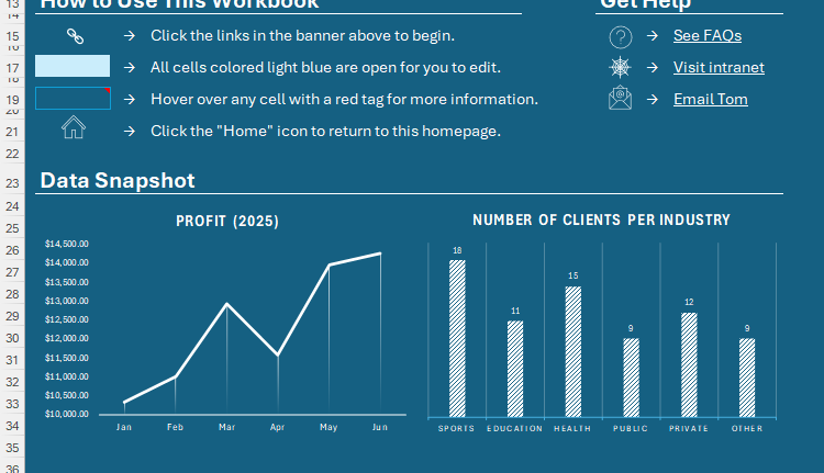 Part of a homepage worksheet in Microsoft Excel that displays a snapshot of data.