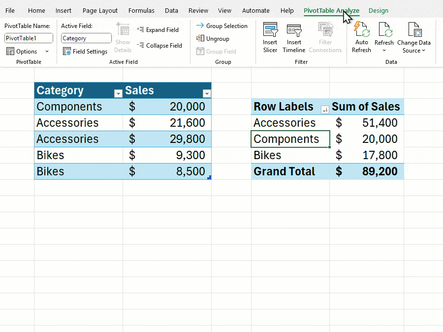Demo of PivotTabels refreshing in Excel.