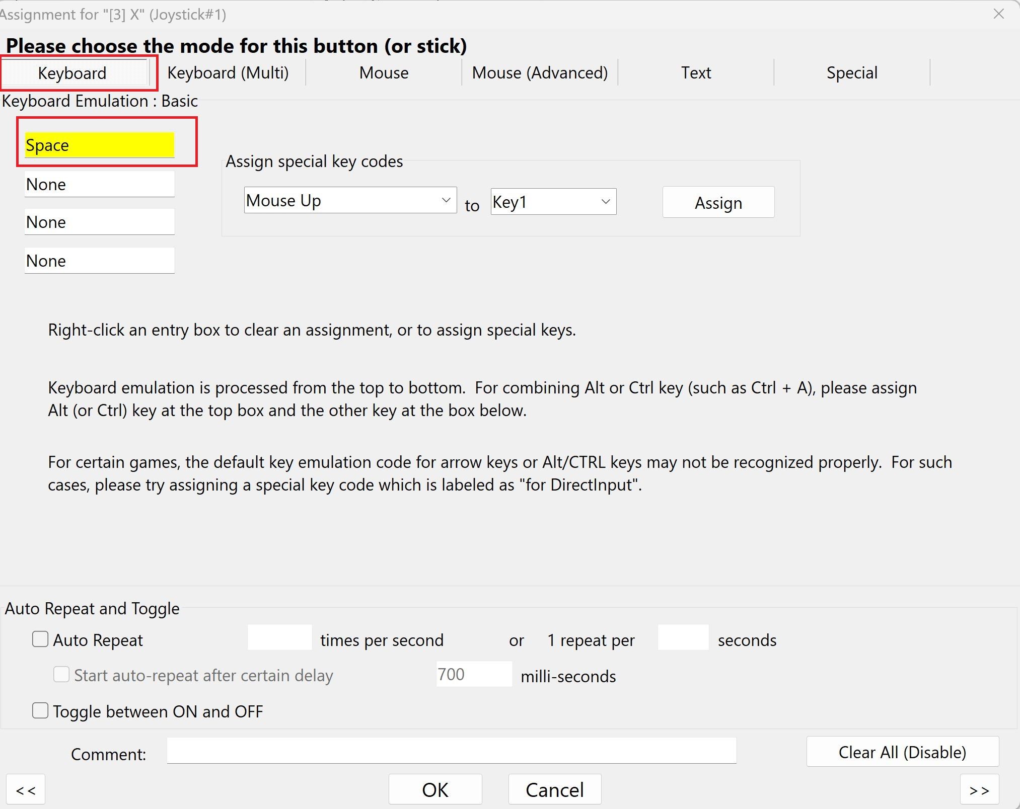 A screenshot of the JoyToKey assignment editor inside the keybaord tab. The keyboard emulation is highlighted with a red square.