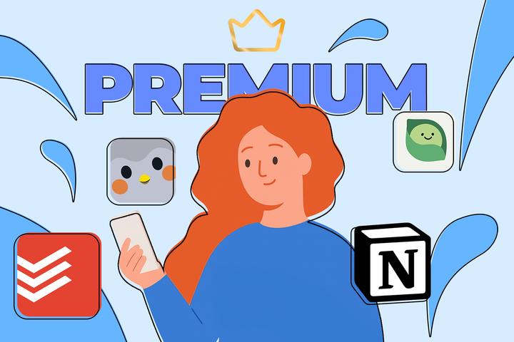 A woman holding a phone with the word 'PREMIUM' above her, surrounded by productivity app icons.