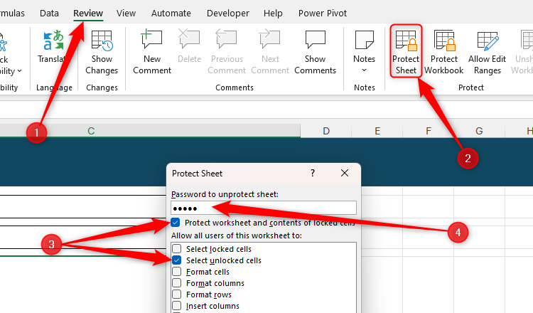 Bảo vệ trang tính Excel Hộp thoại Protect Sheet trong Excel với mật khẩu được nhập.