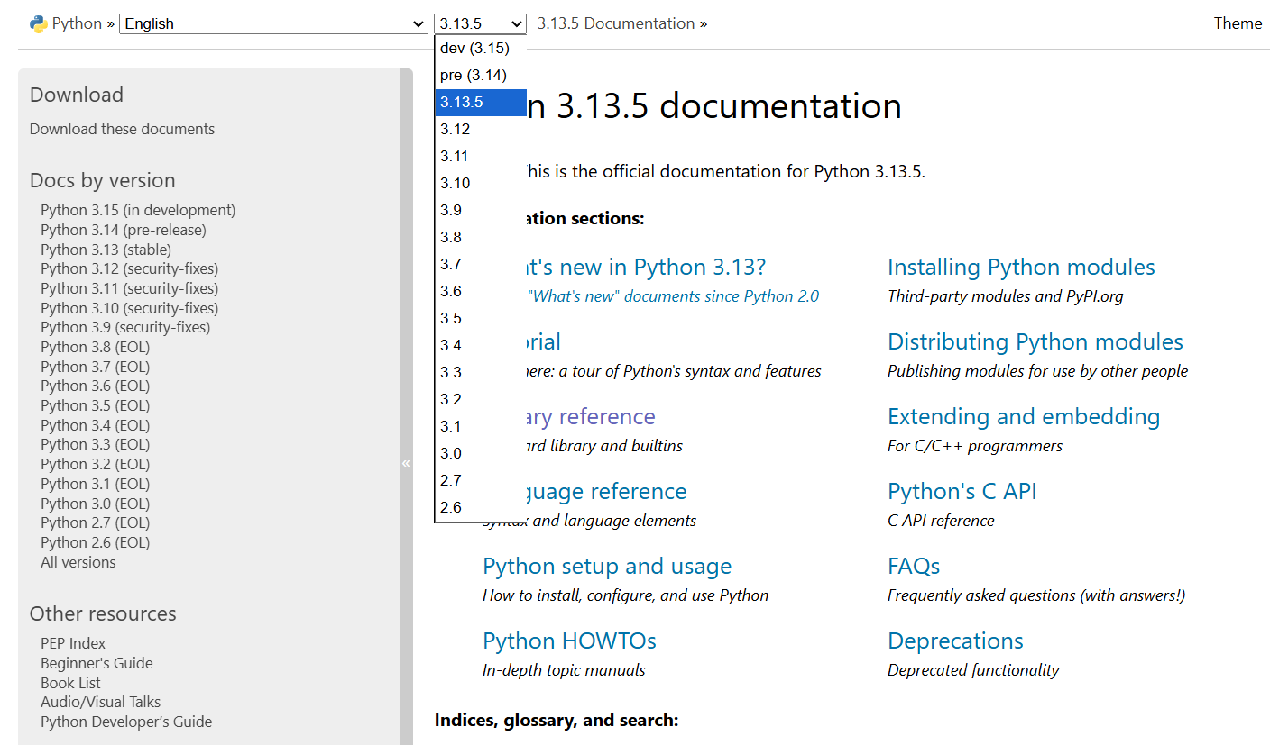 Python docs drop-down version selection menu.