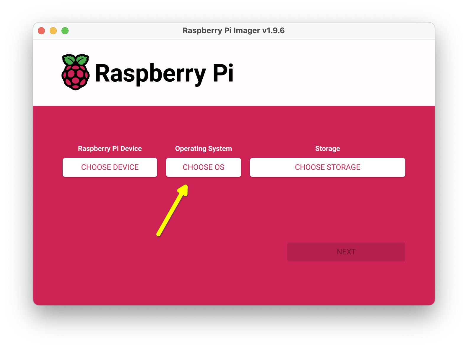 Raspberry Pi Imager app with a yellow arrow pointing to the Choose OS button.