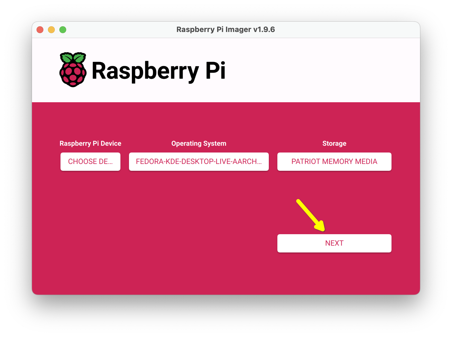 Raspberry Pi Imager app with a yellow arrow pointing to the Next button.