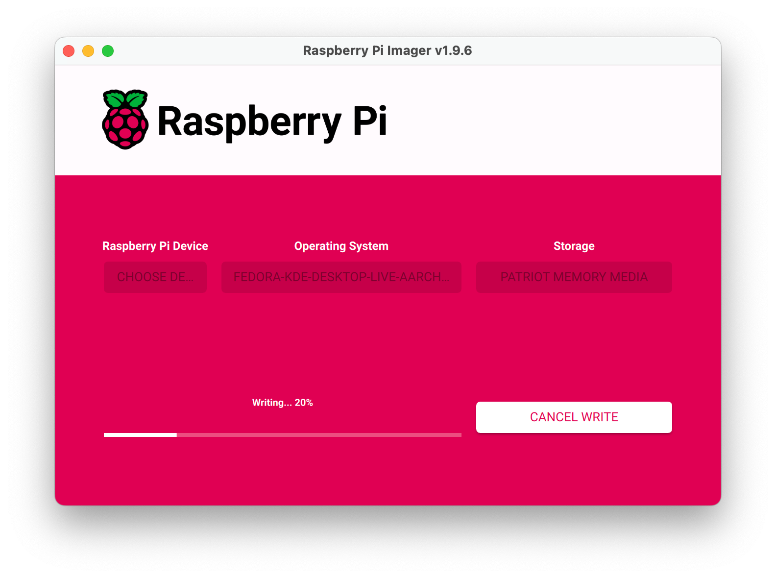 Raspberry Pi Imager app with an progress bar showing an image being written.