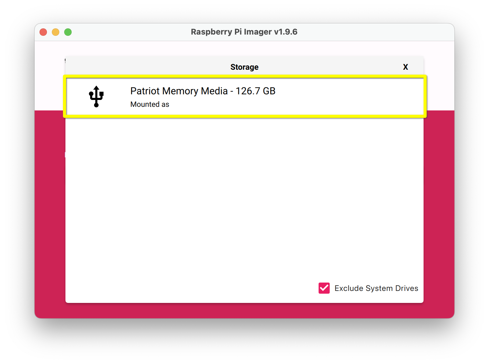 Raspberry Pi Imager drive selection menu with a yellow box around a USB drive.