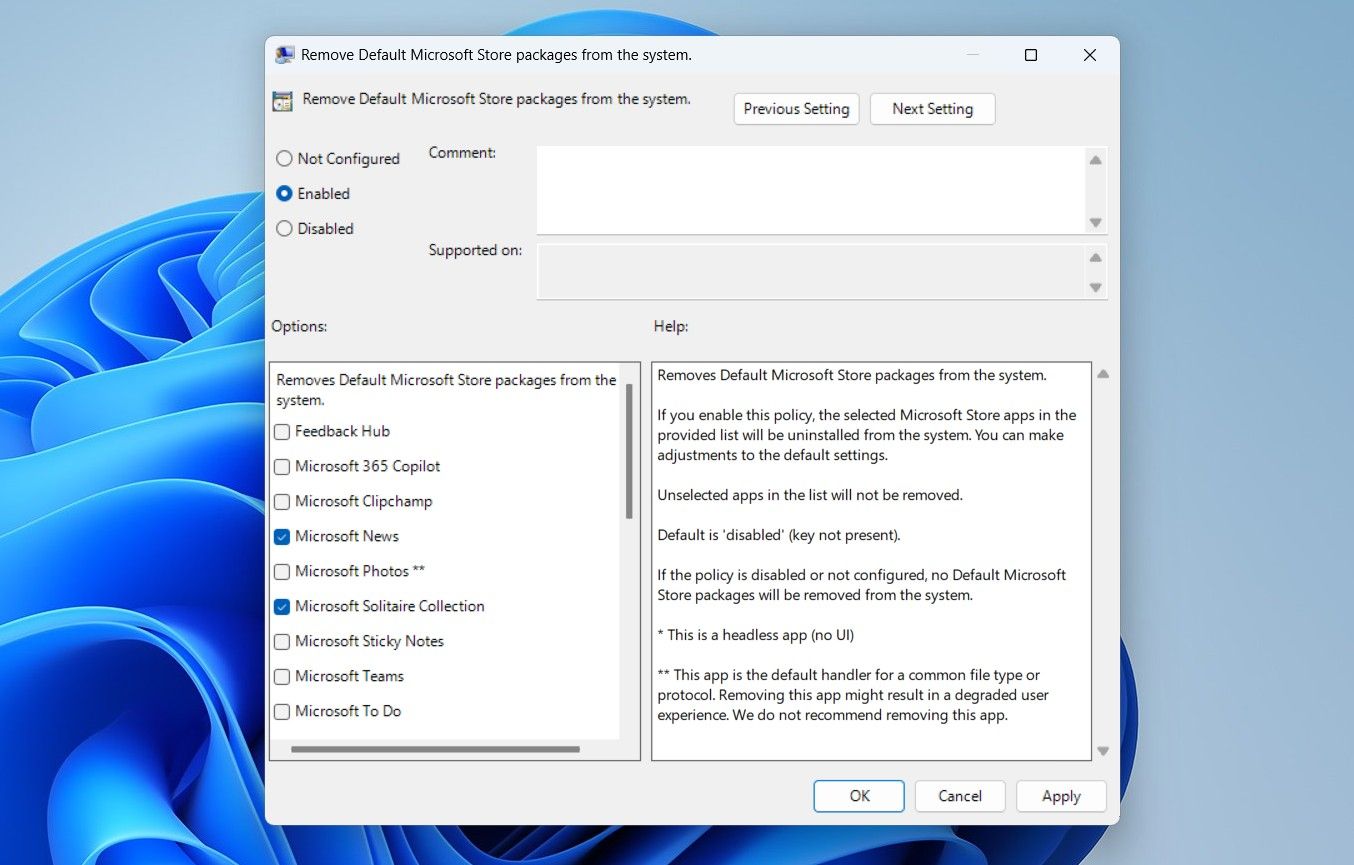 Remove Default Microsoft Store Packages from the system policy.