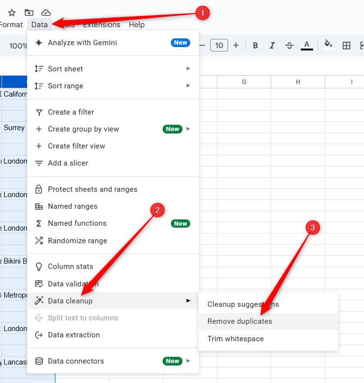 Remove Duplicates is selected in the Data tab in Google Sheets.