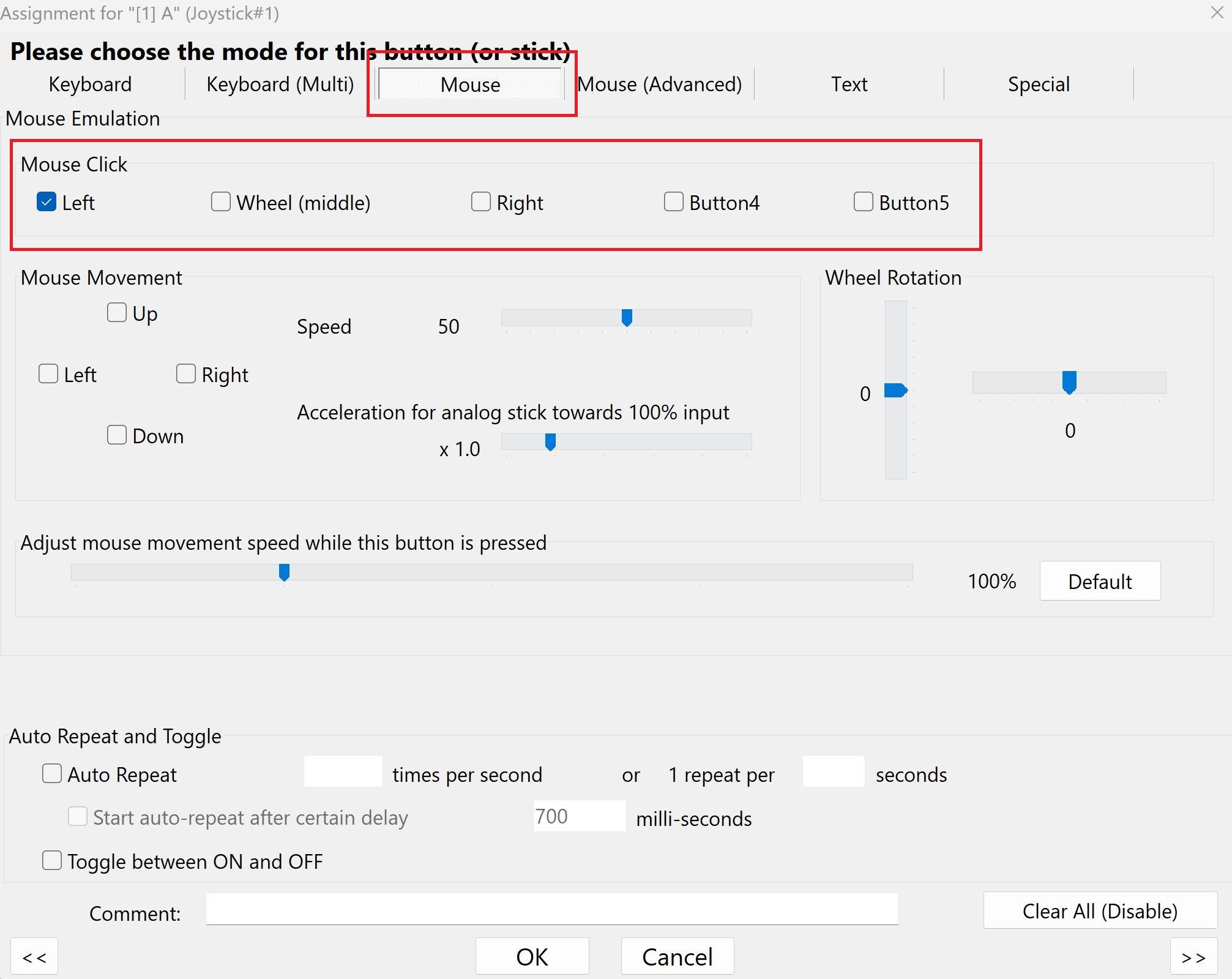 A screenshot of the JoyToKey assignment editor dialog, inside the mouse tab. The mouse click section is highlighted in a red square.
