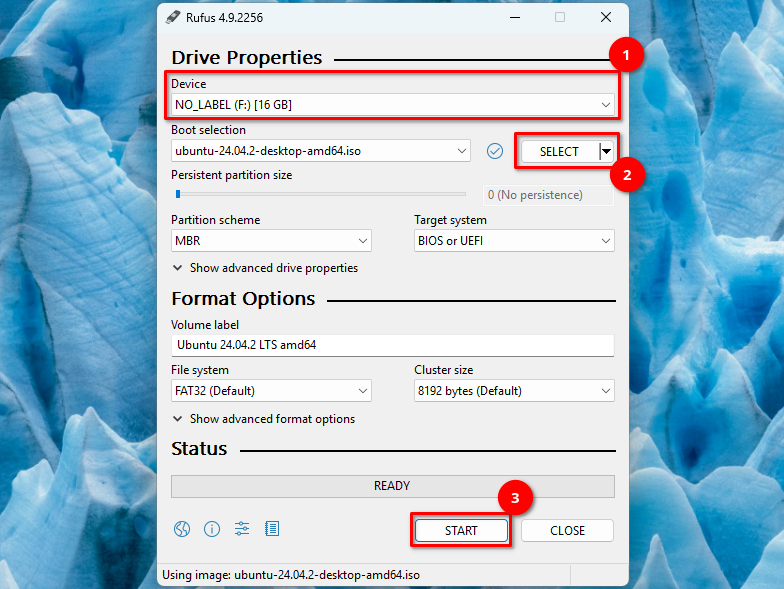 Rufus dialog showing a target device selected and an ISO image selected.