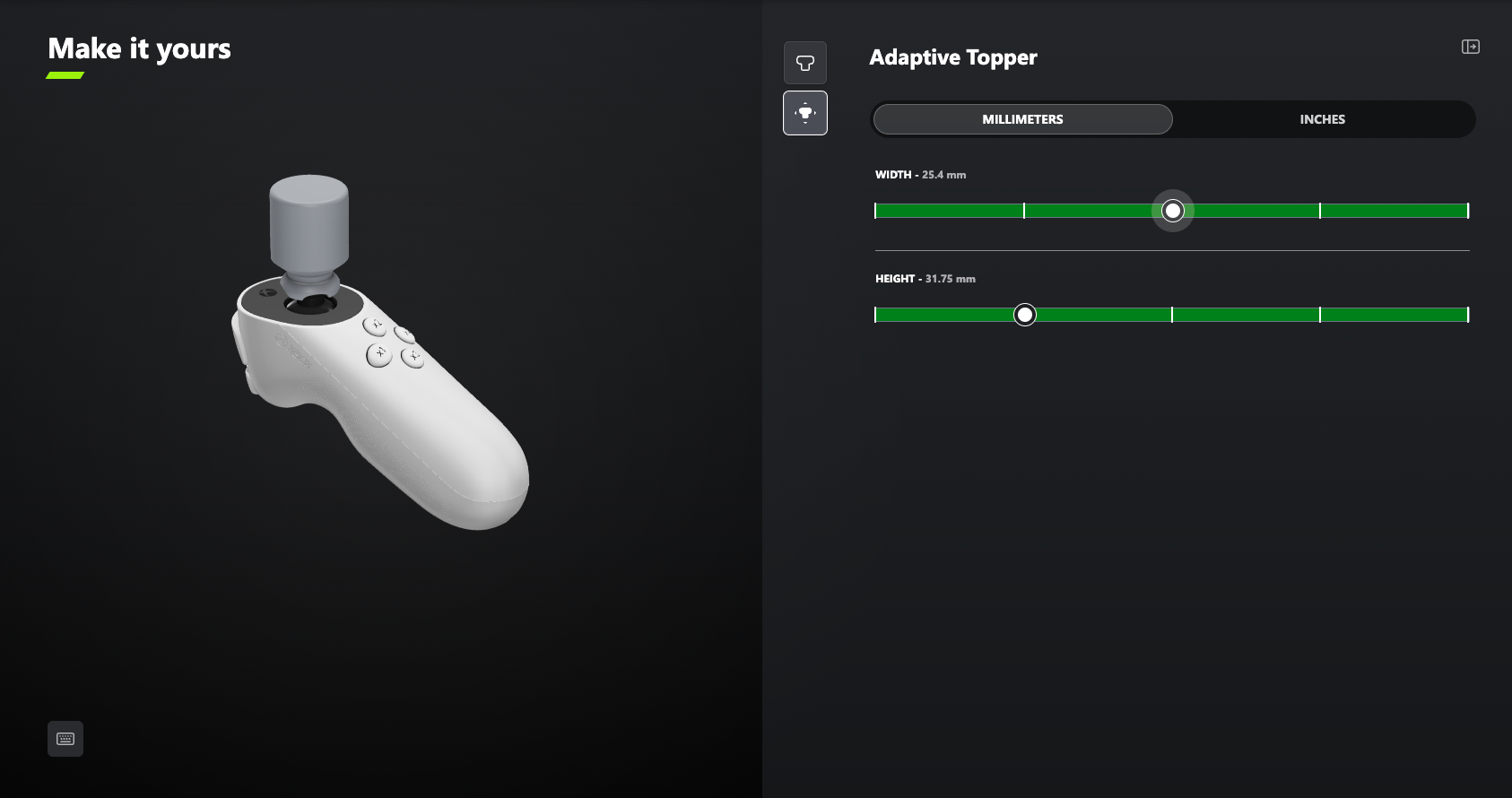 The Xbox design lab showing a custom accessibility topper for a joystick.