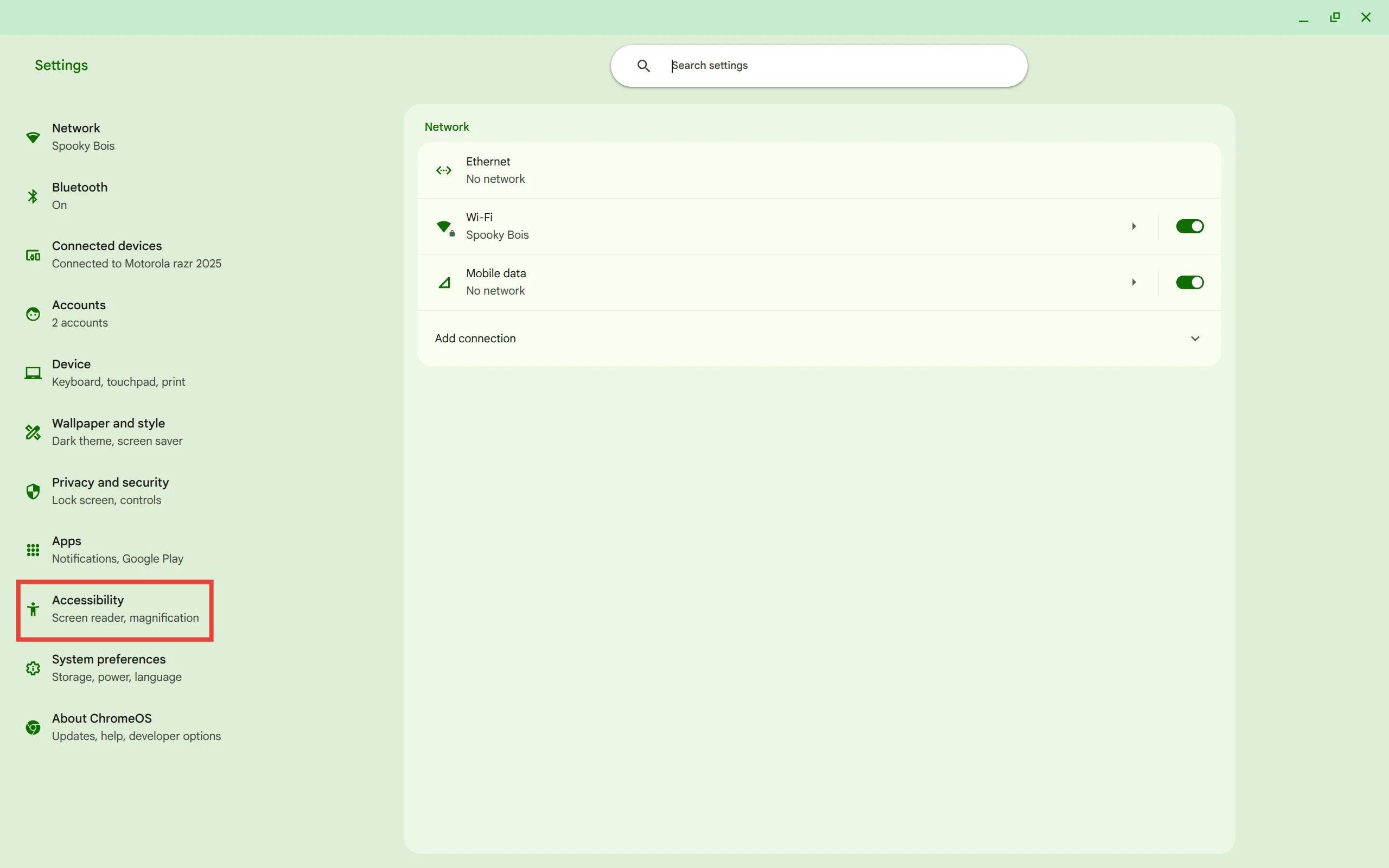 Highlight the accessibility section in the Chromebook Settings App