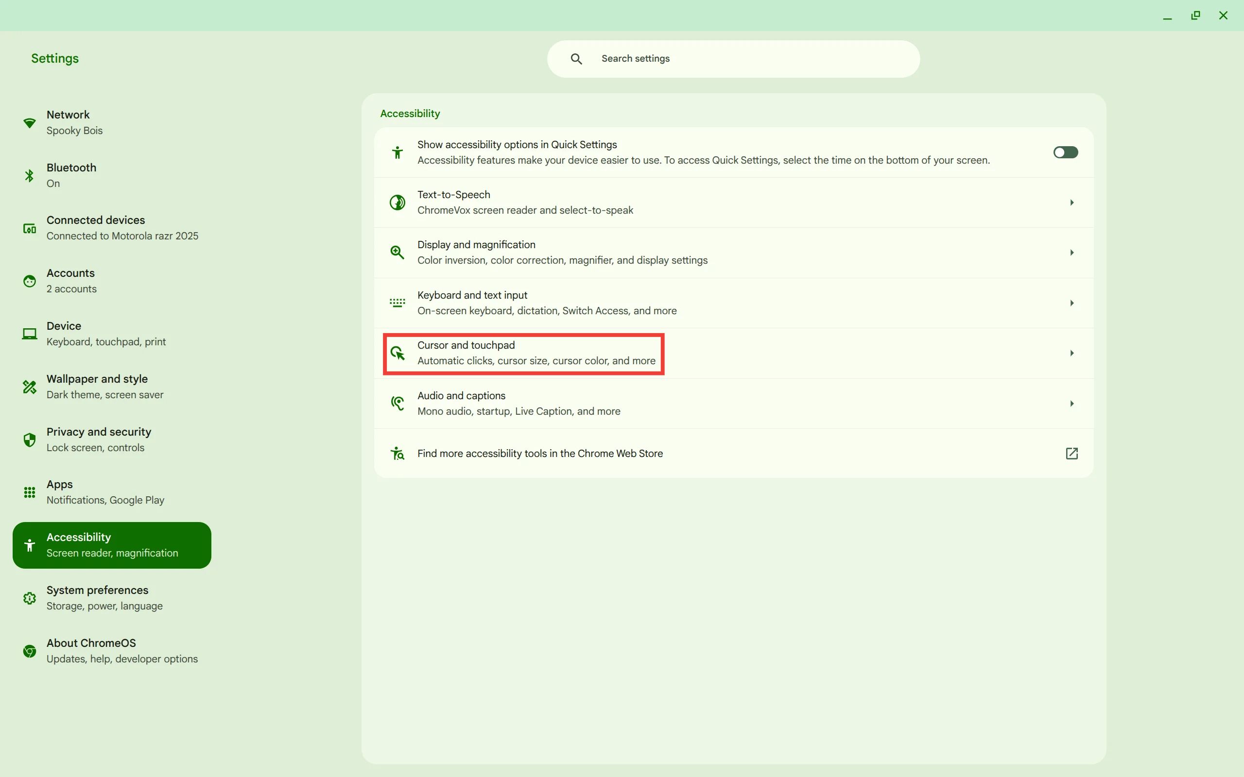 Highlighting cursor and touchpad options in the accessibility section of Chromebook Settings